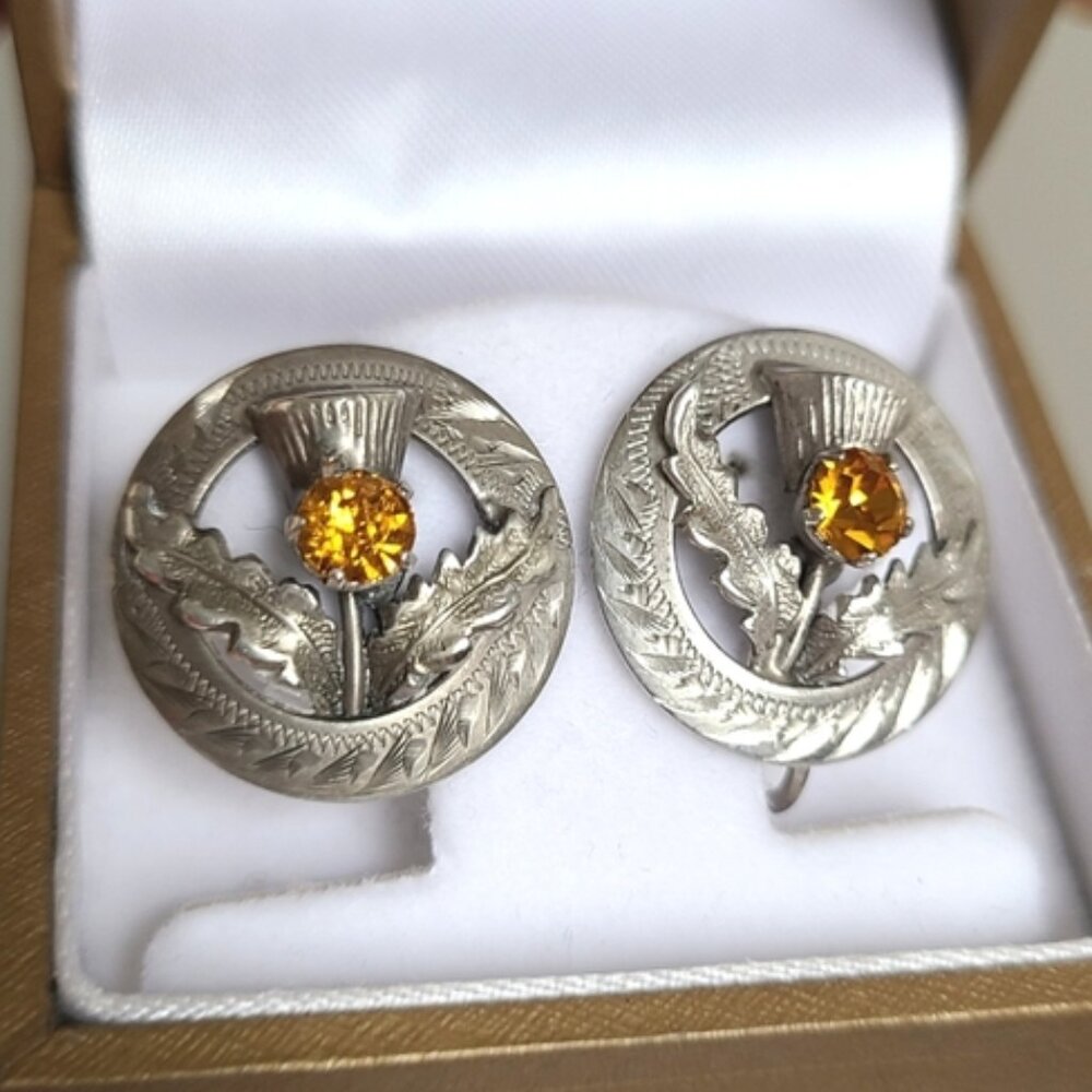 Vintage WB Scotland Sterling Silver Boho Yellow Citrine Circle Stud Earrings